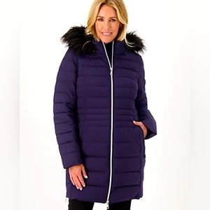 Nuage Stretch Navy Blue Puffer Coat With Removable Fur Hood